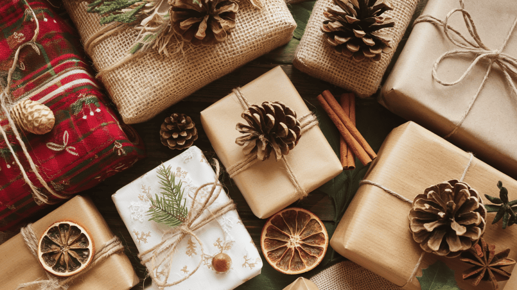 Alternative Ideen, um Geschenke zu Weihnachten zu verpacken: Getrocknete Orangenscheiben, Jute, Stoff, Packpapier, Kordel