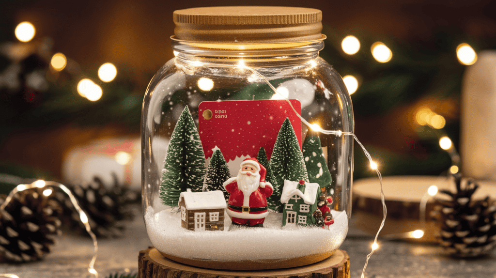 Gutschein kreativ als Weihnachtsdorf mit Weihnachtsmann im Glas verpackt. Vor einem weihnachtlichen Hintergrund.
