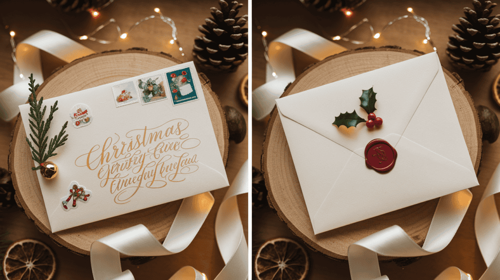 Ein weihnachtlich dekorierter Umschlag für einen Gutschein. Mit Wachssiegel, Tannenzweif, Handlettering Aufschrift und weihnachtlichen Stickern.