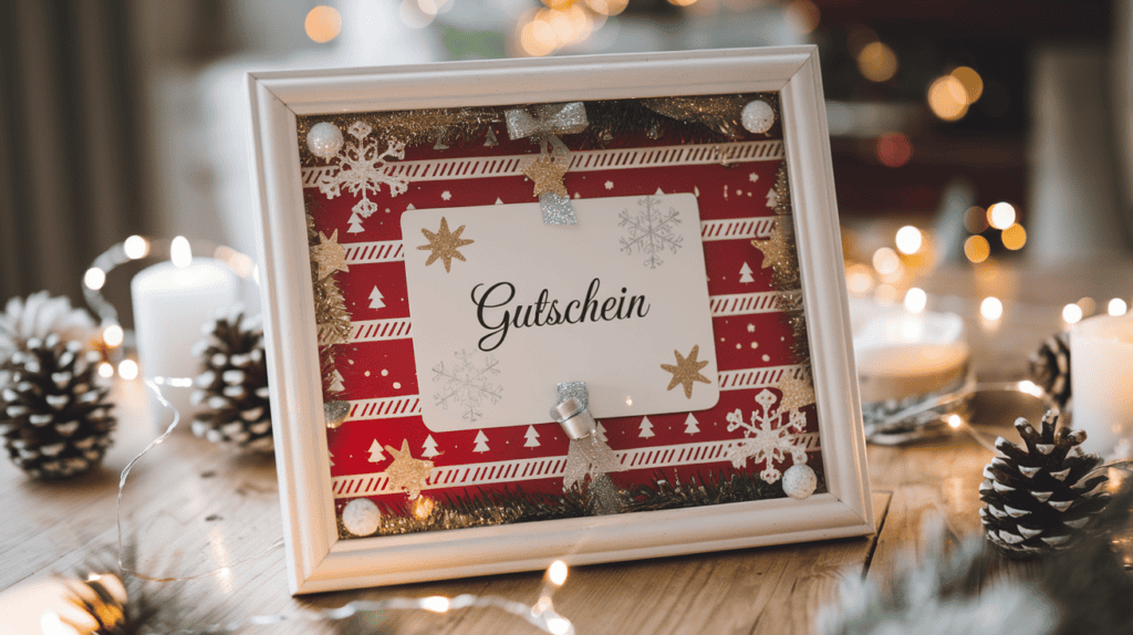 Gutschein in einem Bilderrahmen mit weißem Holzrahmen als Kunstwerk verpackt. Der Hintergrund im Bilderrahmen ist mit rot-weißem Geschenkpapier unterlegt. Die Glasscheibe ist mit weihnachtlichen Motiven verziert.