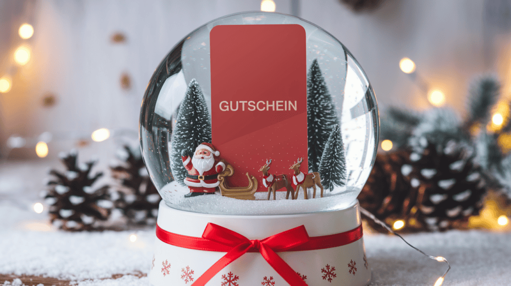 Gutschein originell in einer Schneekugel verpackt. Mit Winterlandschaft und roter Schleife am Sockel. Die Schneekugel steht auf einem Tisch mit Kunstschnee.