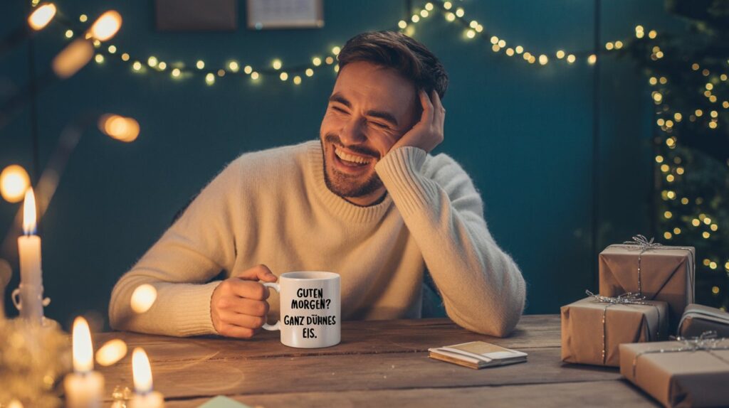 Ein lachender Mann sitzt an einem weihnachtlich dekorierten Tisch, hält eine Tasse mit humorvollem Aufdruck in der Hand und ist von Kerzen, Lichterketten und eingepackten Geschenken umgeben. Die Szene wirkt warm, freundlich und leicht verspielt.