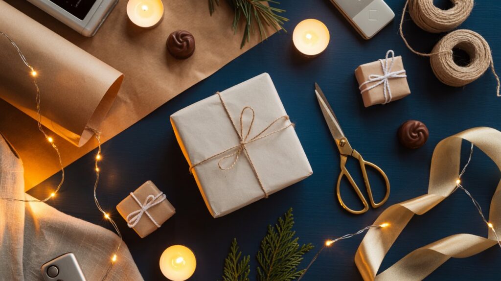Schön verpackte Geschenke in verschiedenen Größen liegen auf einem dunklen Untergrund. Dazu Kerzen, goldene Schere, Kordel und Geschenkband – eine Szene, die zeigt, wie liebevolles Verpacken aussehen kann.