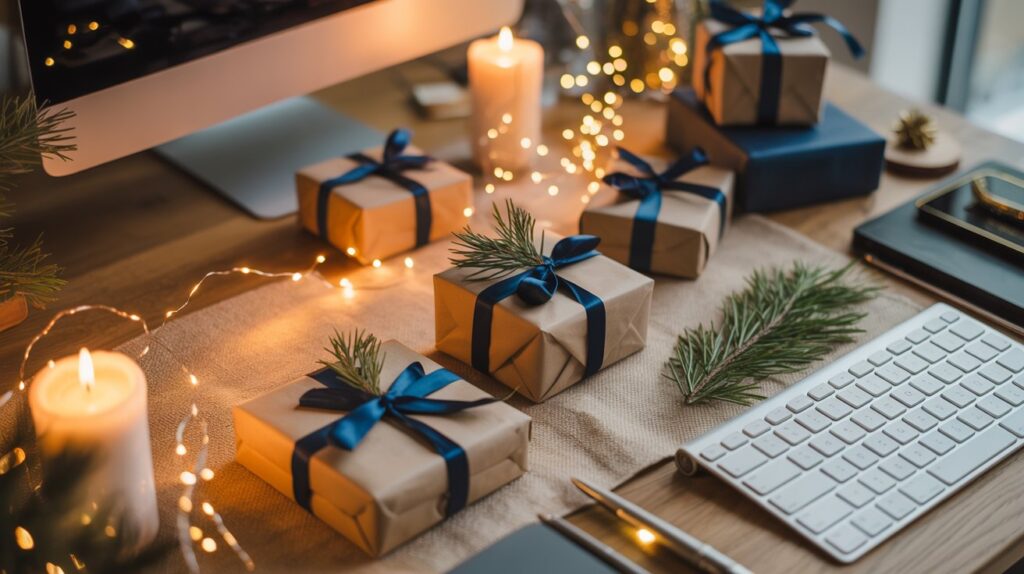 Mehrere liebevoll verpackte kleine Geschenke in Kraftpapier liegen auf einem warm beleuchteten Schreibtisch. Daneben stehen Kerzen, Tannenzweige und eine Computertastatur – eine gemütliche Stimmung, wie sie in einem festlich dekorierten Büro entsteht.