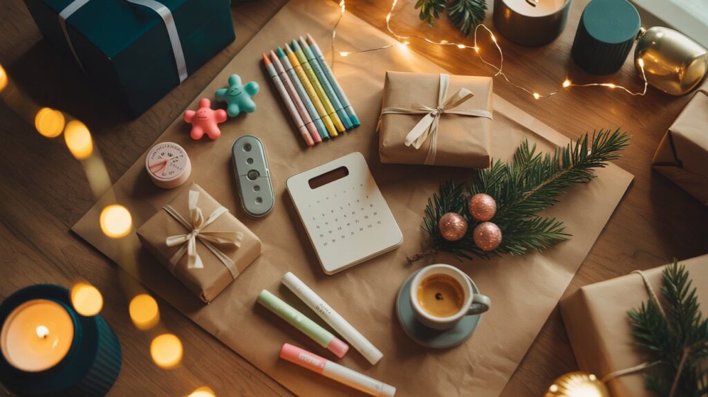 Auf einem Holztisch liegen kleine verpackte Geschenke, bunte Marker, ein Mini-Kalender und kleine Dekofiguren. Daneben stehen Espresso, Tannenzweige und Kerzenlichter – eine gemütliche Mischung aus kreativen und günstigen Kleinigkeiten.