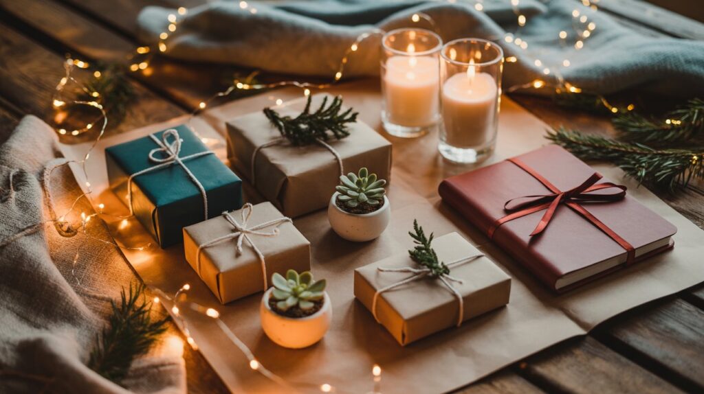 Verschieden große Geschenke in Kraftpapier und dunklem Geschenkpapier liegen neben kleinen Sukkulenten und brennenden Kerzen. Eine ruhige, warme und gemütliche Weihnachtsstimmung entsteht.