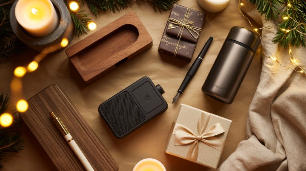 Mehrere hochwertige kleine Geschenke wie Notizbuch, edle Stifte, Thermobecher und Holzboxen liegen zwischen Kerzen und Tannenzweigen. Die Szene wirkt ruhig, hochwertig und minimalistisch weihnachtlich.