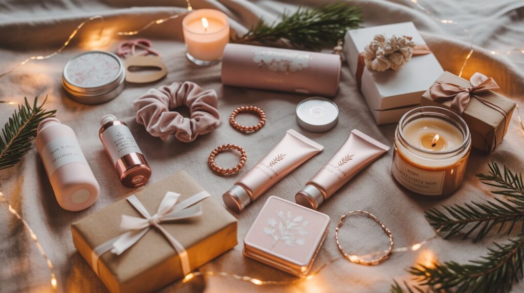 Eine Auswahl an Pflegeprodukten, Kerzen, Haargummis, Schmuck und liebevoll verpackten kleinen Geschenken liegt auf einer weichen Decke. Lichterketten und Tannenzweige sorgen für eine warme, ruhige Wohlfühlstimmung.