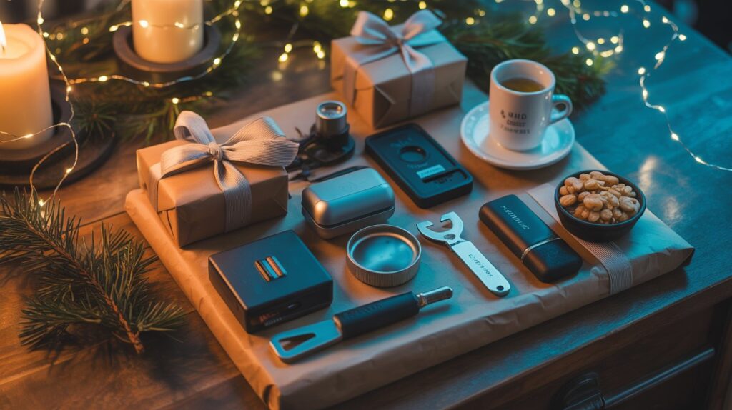 Mehrere kleine Gadgets und praktische Mini-Tools liegen neben verpackten Geschenken, Nüssen und einer Tasse Kaffee. Warmes Licht und Tannenzweige setzen die Szene in ein gemütliches Weihnachtsambiente.