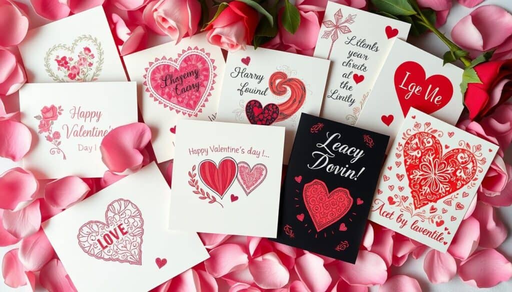 Eine Auswahl an Valentinstagskarten auf rosa Rosenblättern gebettet. 