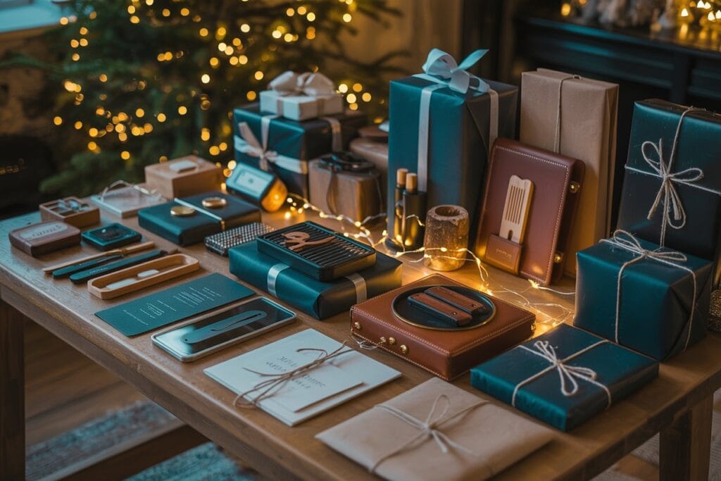 Auf einem Holztisch liegen zahlreiche hochwertig verpackte Weihnachtsgeschenke in dunklen Blau-, Braun- und Naturtönen. Zu sehen sind unter anderem Lederaccessoires, Schreibwaren, kleine Technik-Gadgets und Karten. Lichterketten und ein beleuchteter Weihnachtsbaum im Hintergrund sorgen für eine warme, festliche Stimmung.