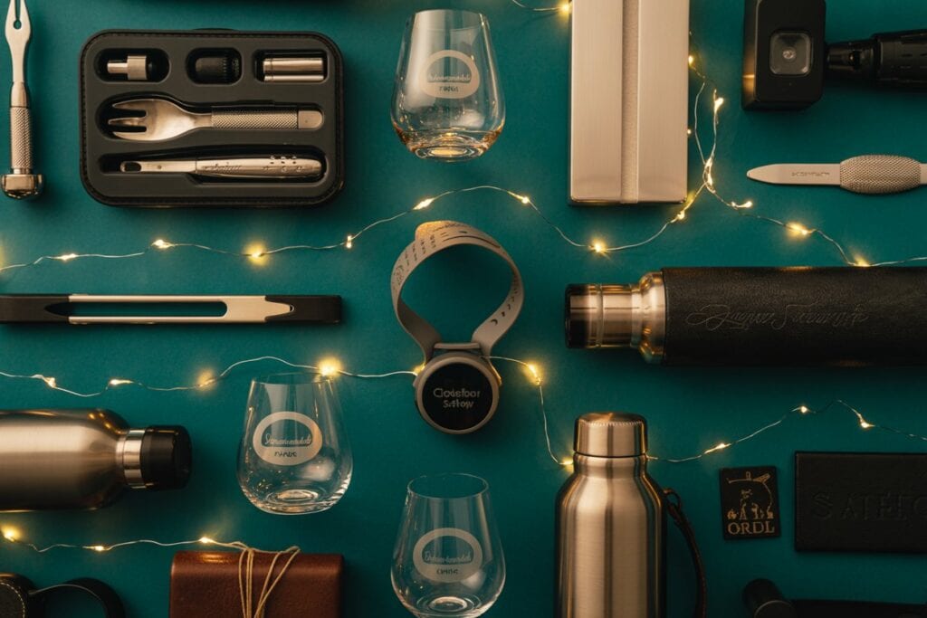 Stimmungsvolles Weihnachtsfoto mit mehreren eingepackten Geschenken für Männer auf dunklem Untergrund, dekoriert mit Tannenzweigen und warmen Lichtern.