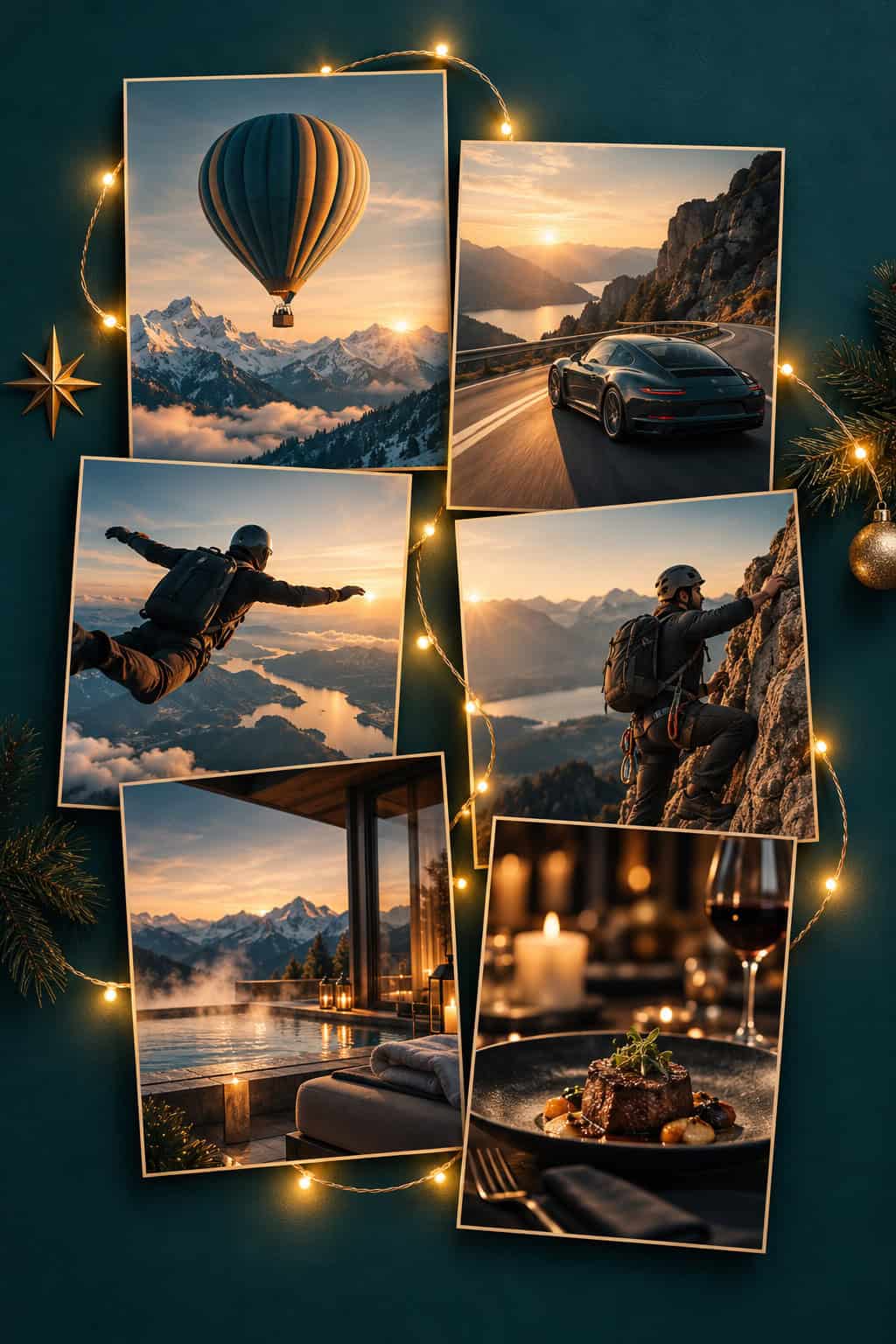 Collage mit Erlebnisgeschenken für Männer zu Weihnachten, darunter eine Ballonfahrt, eine Fahrt mit einem Sportwagen, Fallschirmspringen, Klettern, ein Wellness-Aufenthalt und ein besonderes Dinner.