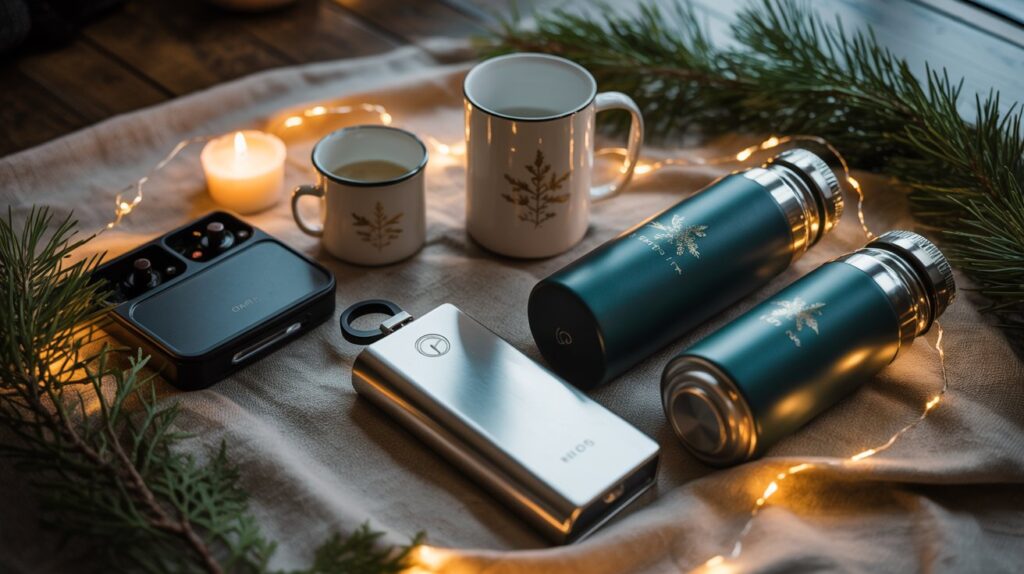 Ein stimmungsvolles Arrangement mit Weihnachtsgeschenken für Männer: zwei grüne Thermoflaschen, zwei Emaille-Tassen, eine silberne Powerbank und kabellose Kopfhörer liegen auf einem Tuch, umgeben von Lichterkette, Tannenzweigen und einer brennenden Kerze.