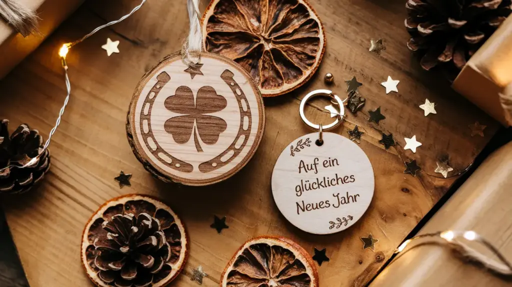 Geschenkideen aus Holz für Silvester: Holzanhänger mit Glücksklee oder einer Aufschrift mit "Auf ein glückliches Neues Jahr" umgeben von nachhaltiger Dekoration, wie Orangenscheiben und Zapfen