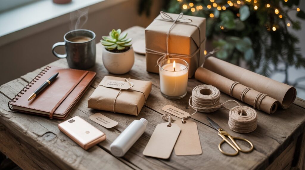 Ein rustikaler Holztisch ist mit natürlichen Geschenkverpackungen dekoriert: braunes Kraftpapier, Juteschnur, Geschenkanhänger, eine brennende Kerze, eine Tasse Kaffee und ein Notizbuch. Im Hintergrund leuchten warme Lichter eines Weihnachtsbaums und schaffen eine gemütliche, festliche Atmosphäre.