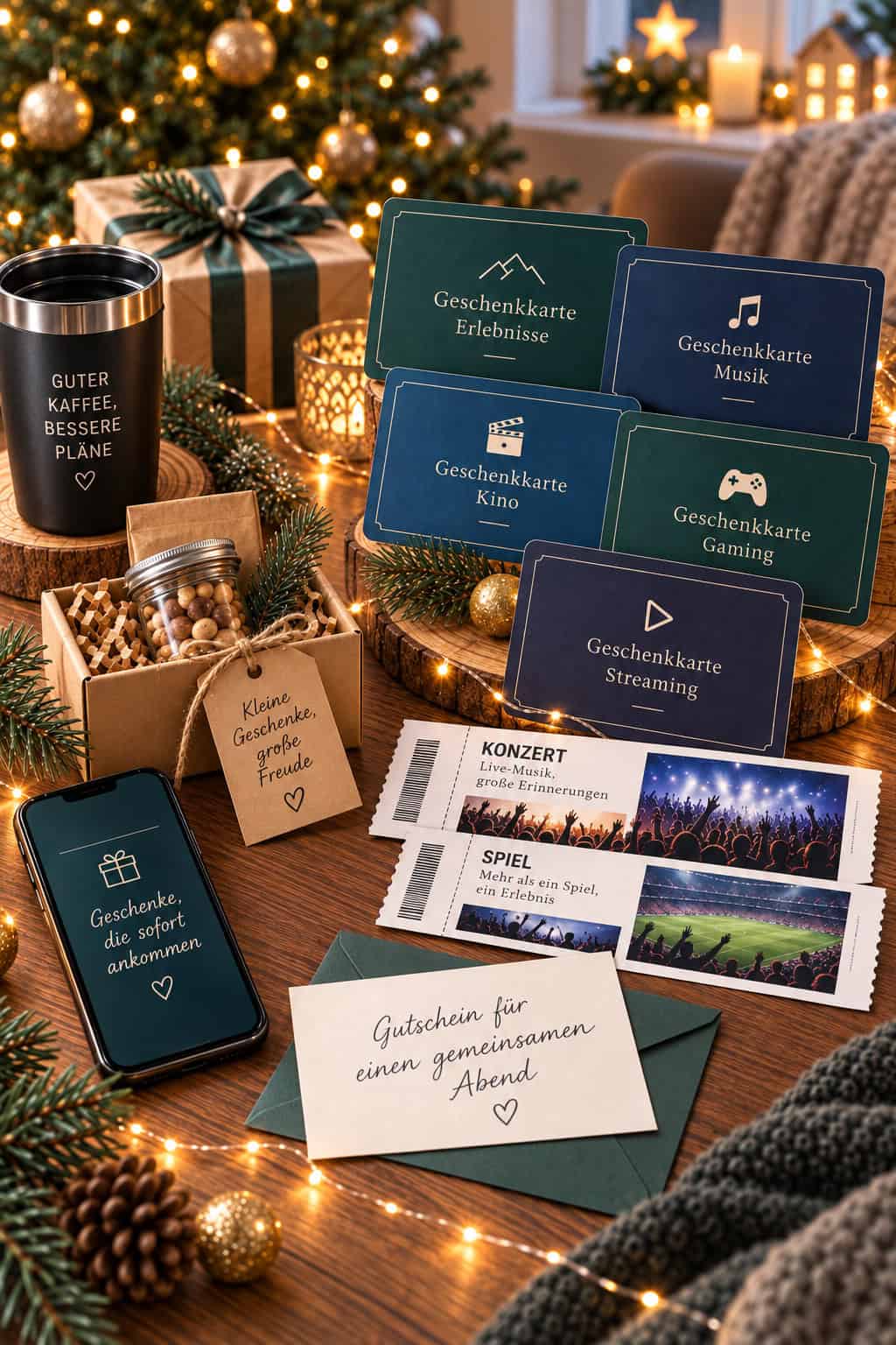 Last-Minute-Geschenke für Männer zu Weihnachten mit Geschenk- und Gutscheinkarten für Erlebnisse, Musik, Kino, Gaming und Streaming, Konzert- und Spieltickets sowie einem Gutschein für einen gemeinsamen Abend.