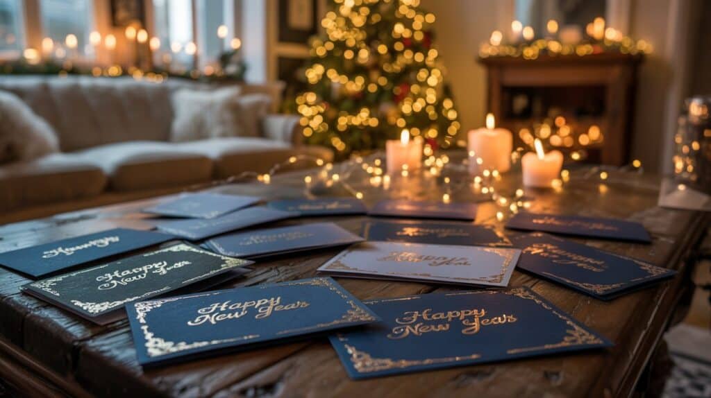 Auf einem Holztisch liegen elegant gestaltete Neujahrskarten in Dunkelblau mit goldener Schrift und der Aufschrift „Happy New Year“. Im Hintergrund leuchten Kerzen, Lichterketten und ein geschmückter Weihnachtsbaum und schaffen eine festliche, warme Atmosphäre – ideal für persönliche Neujahrswünsche.