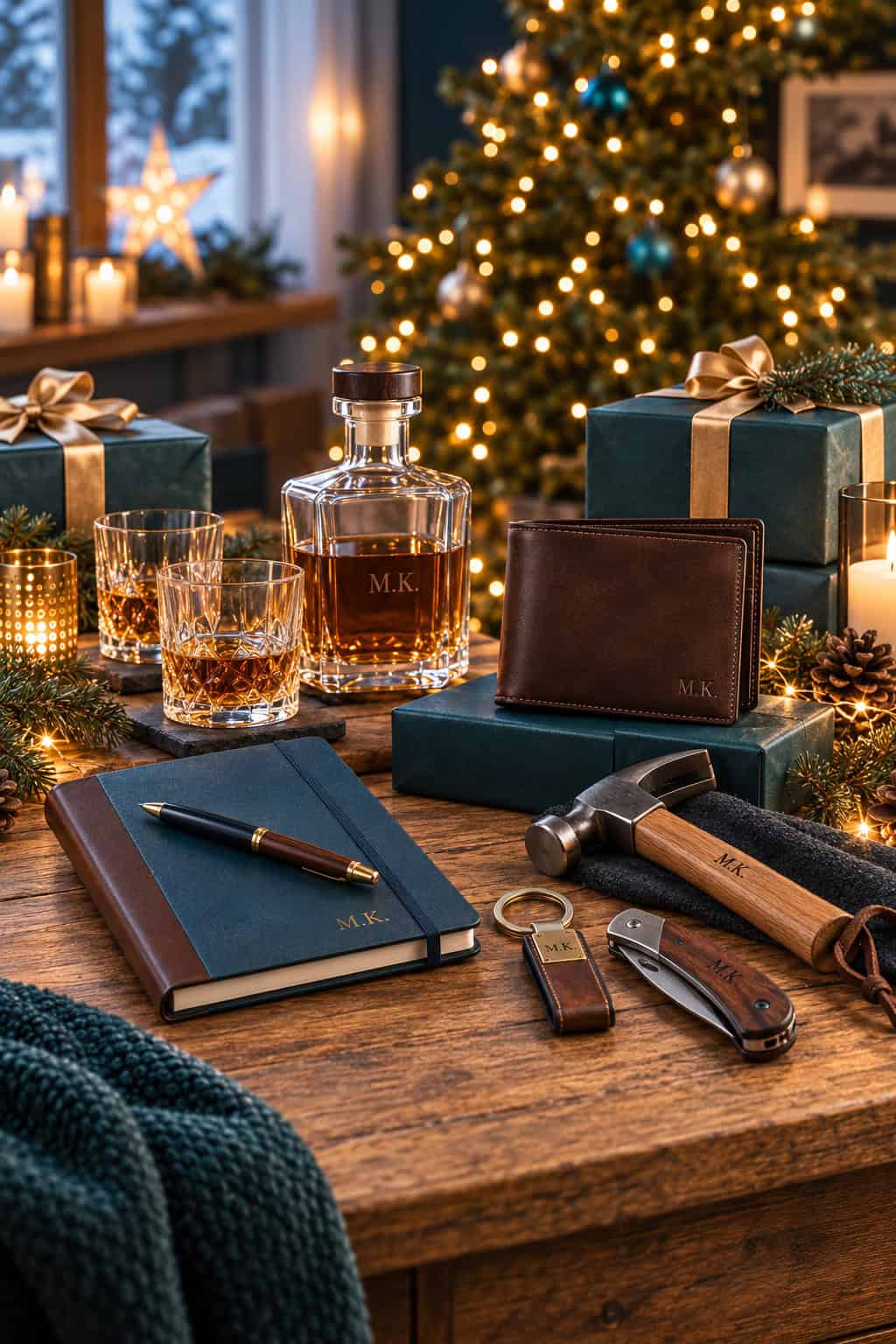 Personalisierte Weihnachtsgeschenke für Männer mit gravierter Whisky-Karaffe und Gläsern, Lederportemonnaie, Notizbuch, Schlüsselanhänger und Werkzeug vor einem festlich beleuchteten Weihnachtsbaum.