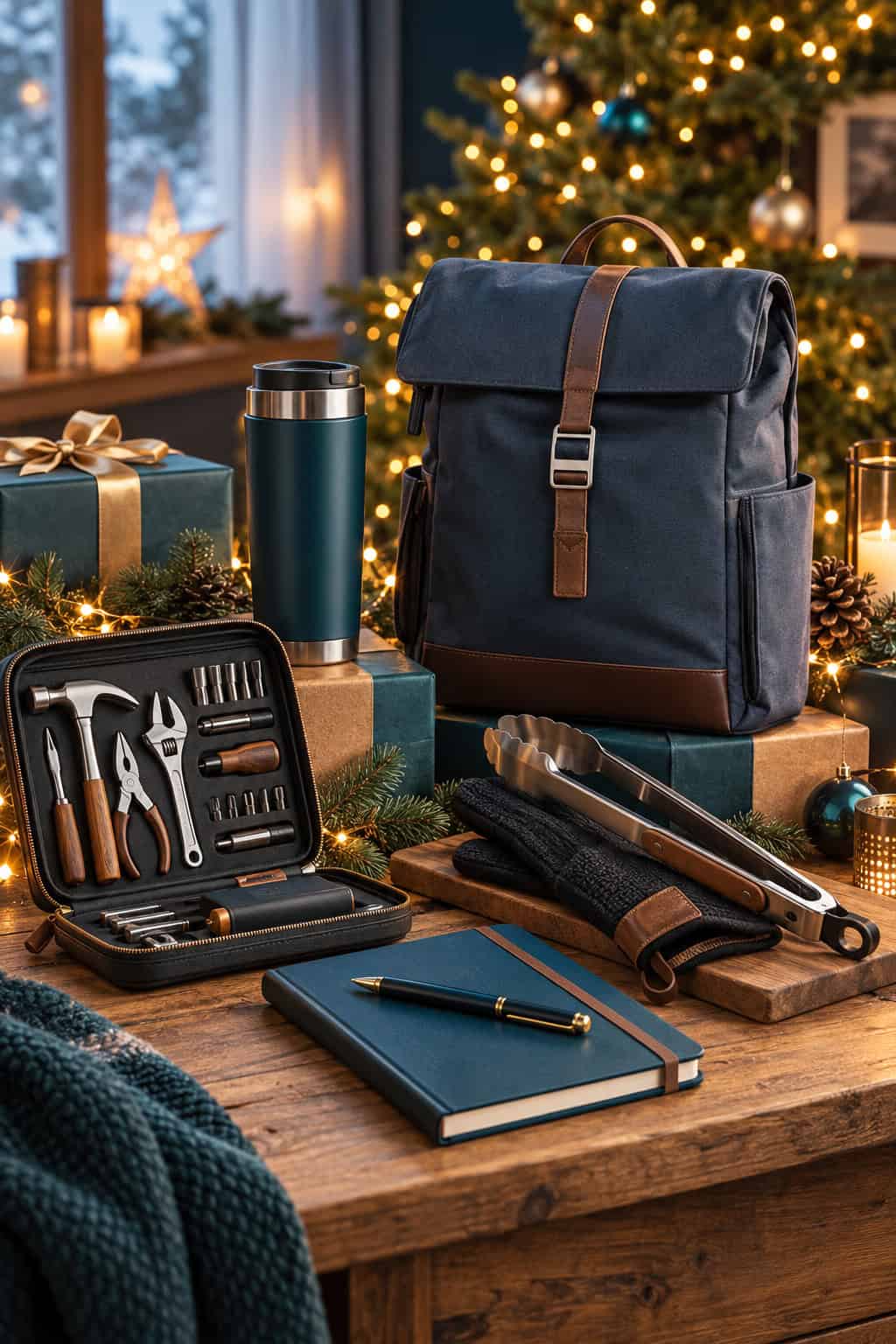 Weihnachtlich arrangierte praktische Geschenke für Männer mit Rucksack, Thermobecher, Werkzeugset, Grillbesteck, Handschuhen und Notizbuch vor einem beleuchteten Weihnachtsbaum.