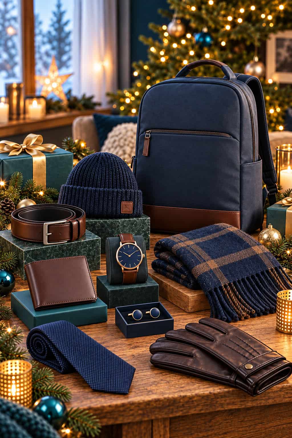 Stilvolle Weihnachtsgeschenke für Männer mit Rucksack, Leder-Gürtel, Portemonnaie, Armbanduhr, Manschettenknöpfen, Krawatte, Schal, Mütze und Lederhandschuhen vor einem festlich beleuchteten Weihnachtsbaum.