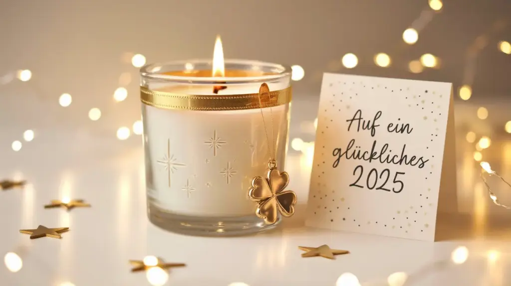 Silvester Geschenkideen mit Kerzen: Eine brennende Kerze geschmückt mit einem goldenen Band und einem goldenen Glücksklee Anhänger, daneben ein Aufsteller mit der Aufschrift: "Auf ein glückliches 2025"