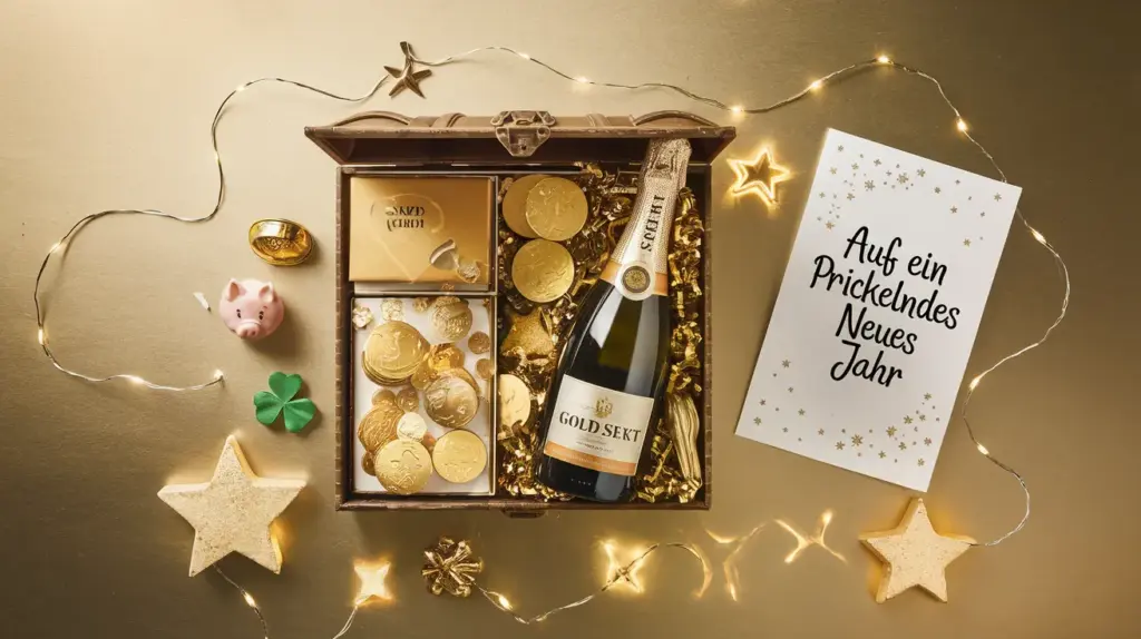 Silvester Geschenkideen mit Sekt – Eine "Schatzkiste" mit Sekt und Schokolade, daneben liegt eine handgeschriebene Karte mit der Aufschrift: Auf ein Prickelndes Neues Jahr