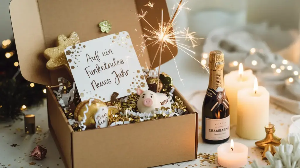 Silvester Geschenkideen mit Wunderkerzen: Kleine Geschenkbox mit Glücksschwein und Wunderkerze. Daneben stehen Kerzen und eine Flasche Champagner