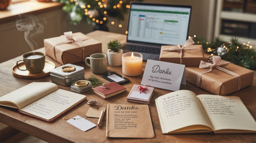 Ein Schreibtisch ist festlich dekoriert mit Notizbüchern, Geschenken in braunem Papier, einer brennenden Kerze, Tannenzweigen und einer Karte mit der Aufschrift „Danke“. Im Hintergrund steht ein Laptop, daneben dampft eine Tasse Kaffee – eine stimmungsvolle Szene für Weihnachtsvorbereitungen im Büro.
