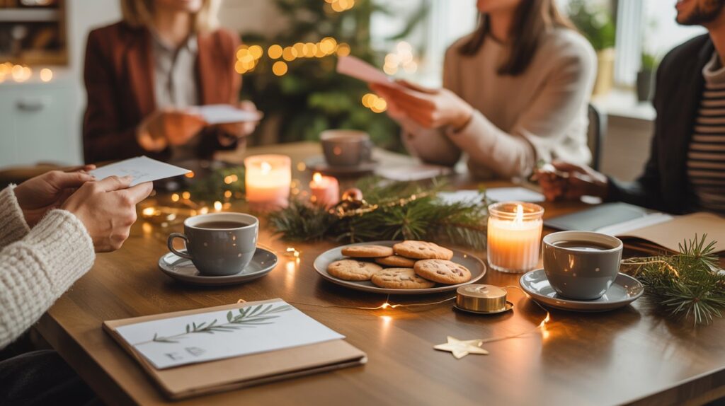 Eine festlich gedeckte Kaffeetafel mit Keksen, Tannenzweigen, Kerzen und heißen Getränken. Mehrere Personen sitzen gemütlich beisammen, tauschen Karten aus und unterhalten sich – im Hintergrund schimmern warme Weihnachtslichter. Weihnachtsgeschenke für Mitarbeiter