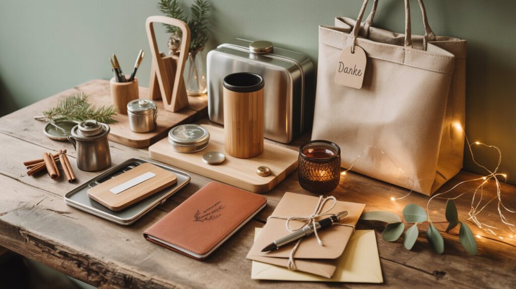 Ein Holztisch ist liebevoll mit nachhaltigen Geschenkideen dekoriert: eine Stofftasche mit „Danke“-Anhänger, Notizbücher, Teelichtglas, Edelstahl- und Bambusbehälter, Karten, Zimtstangen und kleine Zweige. Warmes Licht und feine Lichterketten schaffen eine gemütliche, festliche Atmosphäre.