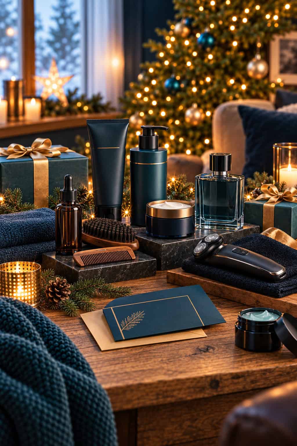Wellness- und Pflegegeschenke für Männer zu Weihnachten mit Bartöl, Bürste, Kamm, Gesichtscreme, Aftershave, Rasierer und Gutschein vor einem festlich beleuchteten Weihnachtsbaum.