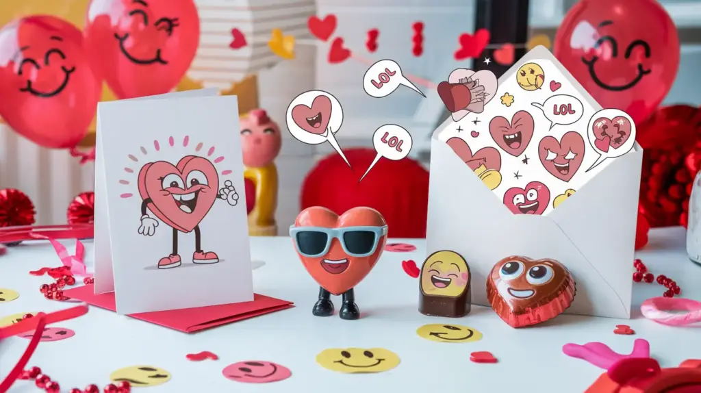 Lustige Valentinstagskarte mit fröhlichem Herz-Motiv, umgeben von Schokoladenherzen, lachenden Emojis und roten Ballons in einer humorvollen Dekoration.
