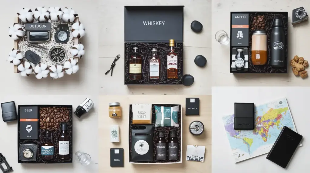 Verschiedene Geschenkboxen für Männer mit thematischen Inhalten wie Whiskey, Kaffee, Outdoor-Equipment, Bier und Reiseaccessoires, stilvoll arrangiert auf hellem Hintergrund.