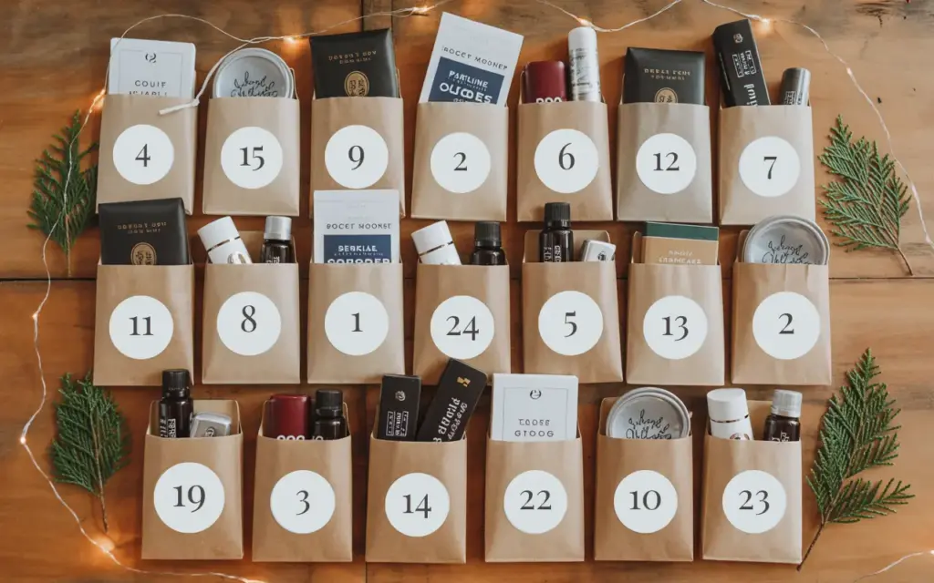 24 einzeln verpackte Adventskalenderpäckchen für Männer. Gefüllt mir Snacks, Süßigkeiten, Drogerieartikeln etc.