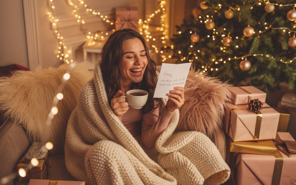Ein geöffneter Adventskalender mit kleinen Päckchen und Kärtchen hängt an einer Lichterkette. Daneben liegen Notizzettel mit handgeschriebenen Sprüchen und einer Tasse Tee auf einem Holztisch – gemütlich beleuchtet.