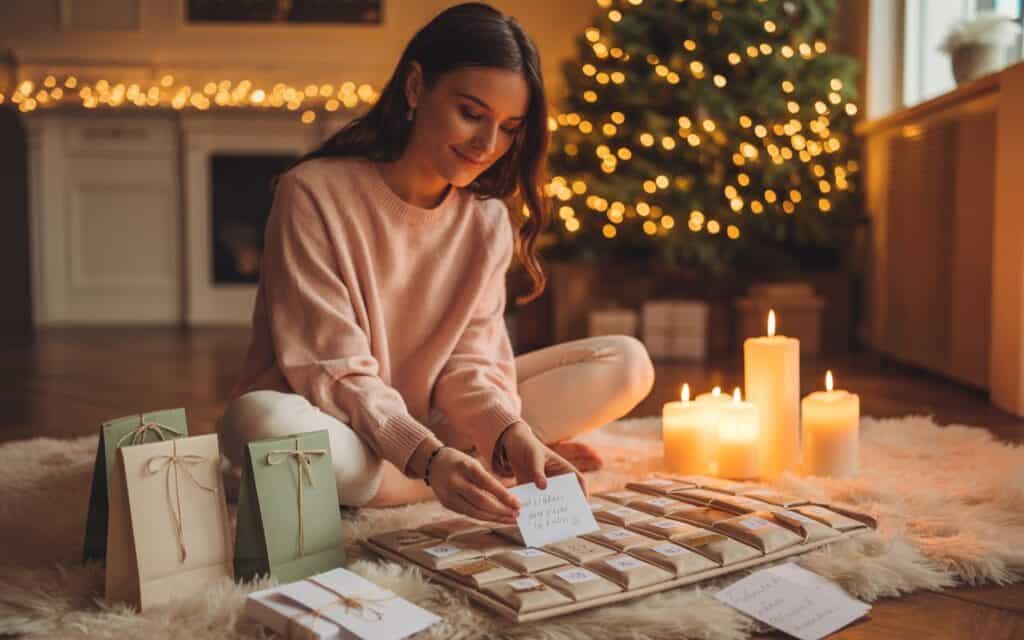 Frau sitzt in einem weihnachtlich festlich dekorierten Wohnzimmer bei Kerzenlicht auf dem Boden und steckt Karten mit Sprüchen in den Adventskalender für ihre Mama
