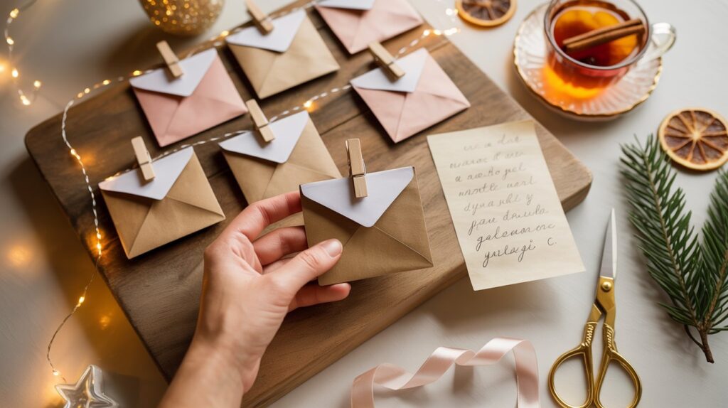 Eine Hand hält einen kleinen, gebastelten Umschlag aus Kraftpapier mit weißer Spitze und Holzklammer. Auf einem Holztisch liegen weitere Umschläge, eine handgeschriebene Notiz, eine goldene Schere, Zimttee, Trockenorangen, Tannenzweige und Lichterkette – eine gemütliche DIY-Szene zur Adventszeit.