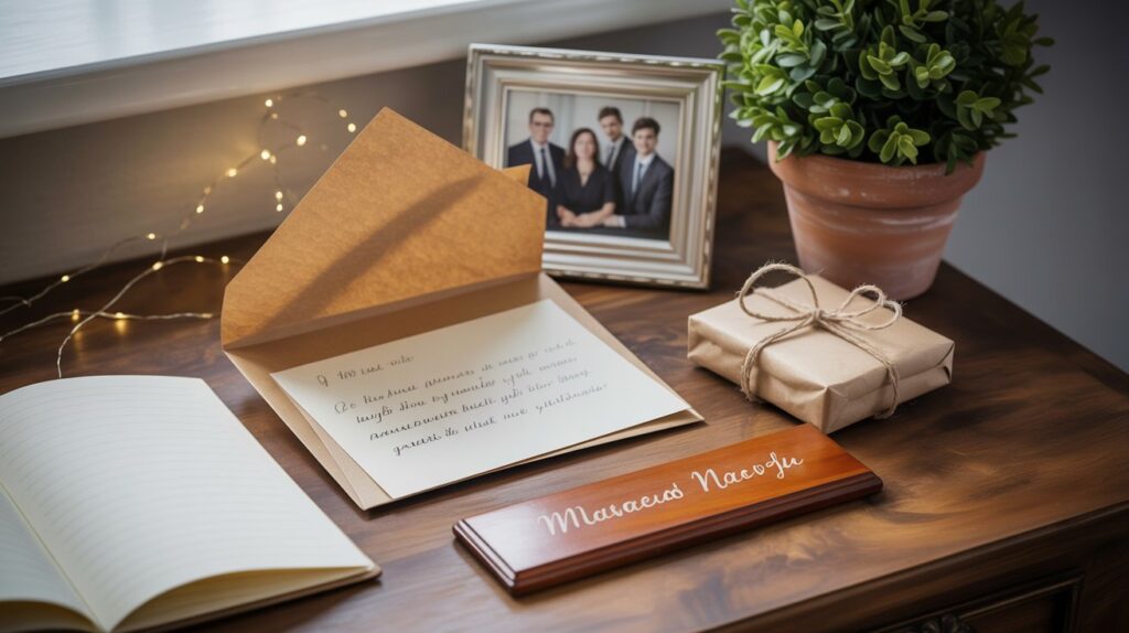 Herzliche Geschenkidee auf einem Büro-Schreibtisch mit offener, handgeschriebener Karte, kleinem verpacktem Geschenk, Topfpflanze und gerahmtem Teamfoto – persönliche Weihnachtsgeste mit Stil und Feingefühl.