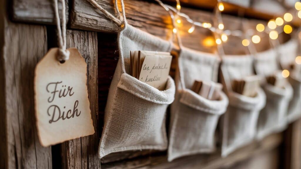 Ein handgemachter Adventskalender aus kleinen beigefarbenen Stofftaschen hängt an einer Holzleiste, geschmückt mit einer warmen Lichterkette. In den Taschen stecken gefaltete Zettel mit handgeschriebenen Nachrichten. Davor hängt ein Etikett aus Papier mit der Aufschrift „Für Dich“.