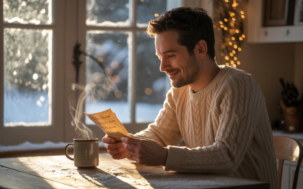 Ein Mann sitzt an einem Holztisch in einer gemütlich beleuchteten Wohnung, trägt einen cremefarbenen Strickpullover und hält einen handgeschriebenen Brief in der Hand. Neben ihm steht eine dampfende Tasse Kaffee, im Hintergrund leuchtet sanft eine Weihnachtslichterkette, und durch das Fenster fällt winterliches Tageslicht.