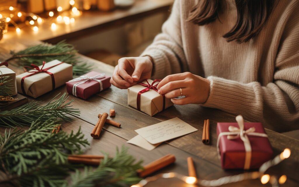 Eine Person in einem beigen Pullover sitzt an einem weihnachtlich dekorierten Holztisch und bindet rote Geschenkbänder um kleine, liebevoll verpackte Päckchen. Auf dem Tisch liegen Tannenzweige, Zimtstangen, Karten und leuchtende Lichterketten – eine gemütliche, festliche Atmosphäre.