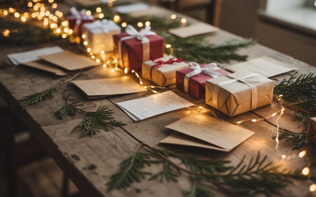Ein rustikaler Holztisch ist mit kleinen, festlich verpackten Geschenken, handgeschriebenen Karten, grünen Tannenzweigen und einer Lichterkette dekoriert. Das warme Licht sorgt für eine gemütliche, weihnachtliche Stimmung.