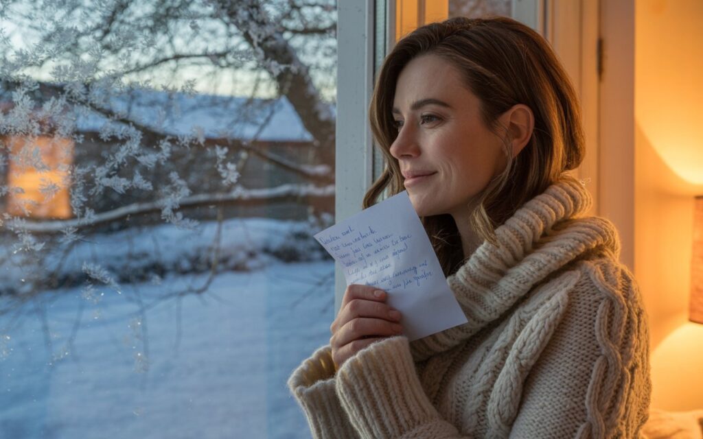 Eine Frau steht in einem warm beleuchteten Raum am Fenster, trägt einen dicken Wollpullover und hält einen handgeschriebenen Brief in den Händen. Draußen liegt Schnee, und auf der Fensterscheibe sind zarte Eiskristalle zu sehen. Sie lächelt nachdenklich und genießt den winterlichen Moment.