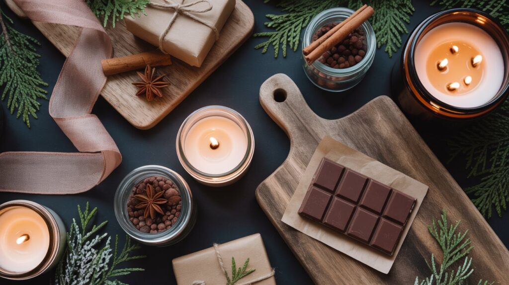 Ein flach gelegtes Arrangement auf dunklem Untergrund mit weihnachtlicher Dekoration. In der Mitte liegt eine Tafel Schokolade auf einem Holzbrett, umgeben von brennenden Kerzen, eingepackten Geschenken, Gewürzen wie Zimt und Sternanis sowie grünen Tannenzweigen. Eine rosa Stoffschleife sorgt für einen zarten, eleganten Akzent.