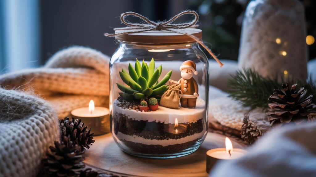 Ein Glas mit Schichten aus Erde und Sand, bepflanzt mit einer kleinen Sukkulente und geschmückt mit einer Miniaturfigur eines Nikolaus. Umgeben von Kerzen, Tannenzapfen und winterlicher Deko.