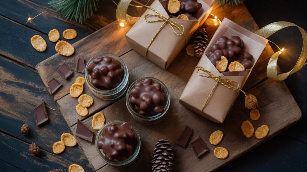 Ein rustikales Holzbrett mit selbstgemachten Schoko-Crossies, verpackt in kleine Gläser und Papiertüten mit goldener Schleife. Daneben liegen Stücke dunkler Schokolade, Cornflakes und festliche Deko mit Lichterkette.