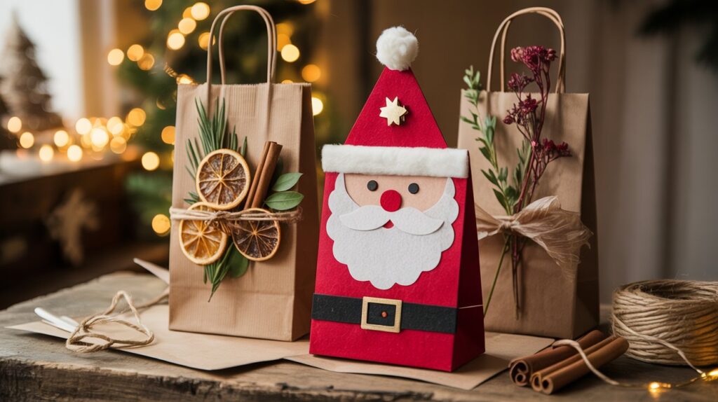 Drei liebevoll gestaltete Nikolaus-Geschenktüten stehen auf einem Holztisch. Eine rote Tüte in Form eines Weihnachtsmanns steht im Mittelpunkt, daneben braune Papiertüten mit getrockneten Orangenscheiben, Zimtstangen und Zweigen geschmückt. Im Hintergrund leuchten warme Lichter vor einem Weihnachtsbaum.