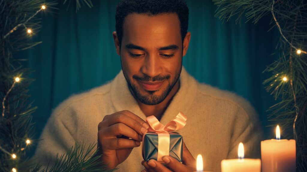 Ein Mann in einem cremefarbenen Pullover sitzt im warmen Kerzenschein und hält ein kleines, dunkelblau verpacktes Nikolausgeschenk mit rosa Schleife in den Händen. Umrahmt von Tannenzweigen und Lichterketten strahlt die Szene Ruhe und Freude aus – perfekt für kleine Nikolaus Geschenkideen für Männer.