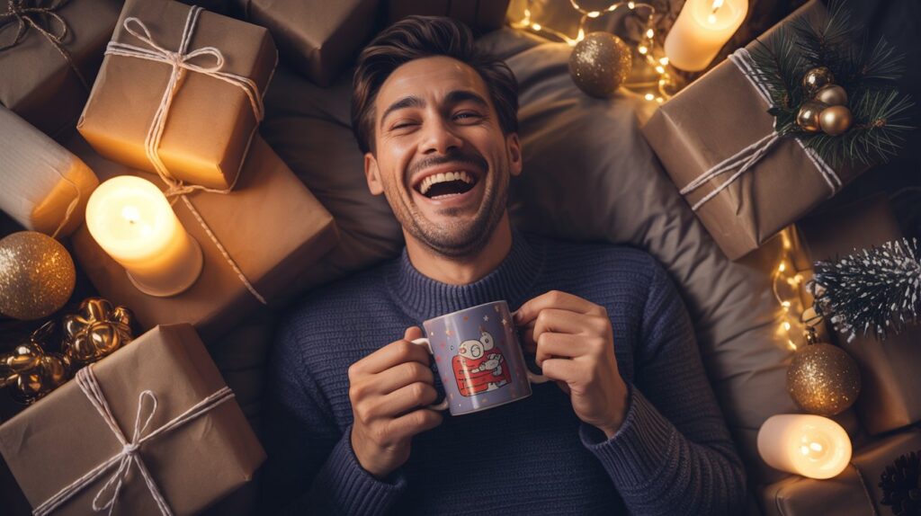 Ein lachender Mann liegt zwischen liebevoll verpackten Nikolausgeschenken, brennenden Kerzen und goldenen Weihnachtskugeln. In den Händen hält er eine bunte Tasse mit einem weihnachtlichen Motiv. Die Szene wirkt fröhlich, gemütlich und herzlich – perfekt für lustige Nikolaus Geschenkideen.